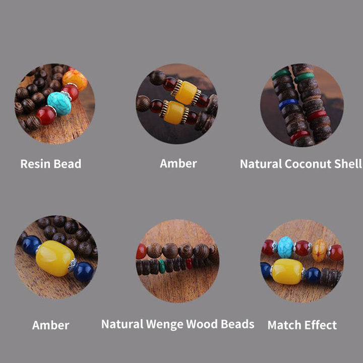 Colgante de collar de protección de elefante de ágata de semilla Bodhi de madera de wengué tibetano con Buddha Stones
