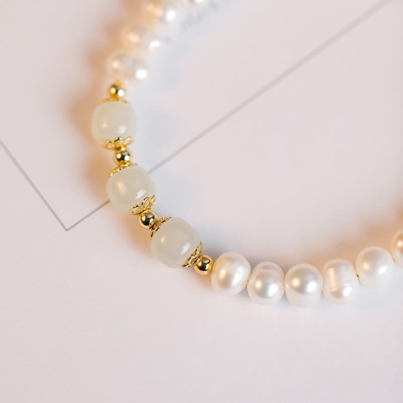 Pulsera de cadena de cuentas de sinceridad de jade blanco de jade cian hetiano de perlas naturales chapadas en oro de 14 quilates
