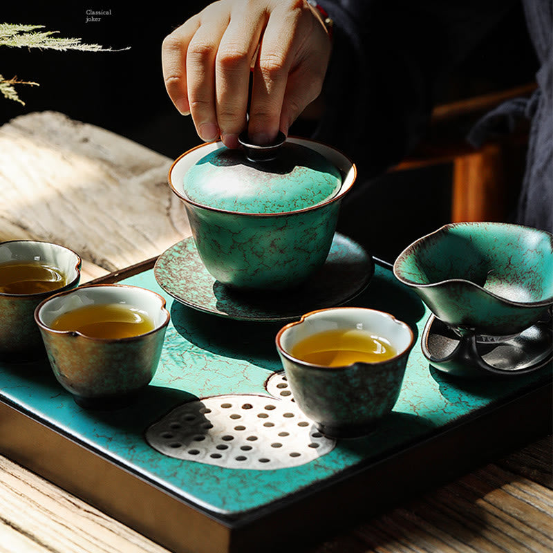 Taza de té y platillo de cerámica con esmalte verde Retro , Buddha Stones , Gaiwan Sancai, Kung Fu, con tapa