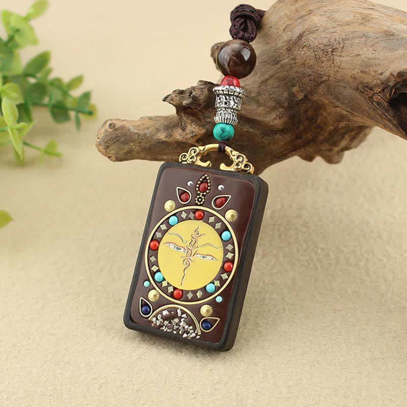 Colgante de collar de paz de ébano Thangka, dios de la riqueza del Tíbet, Buddha Stones