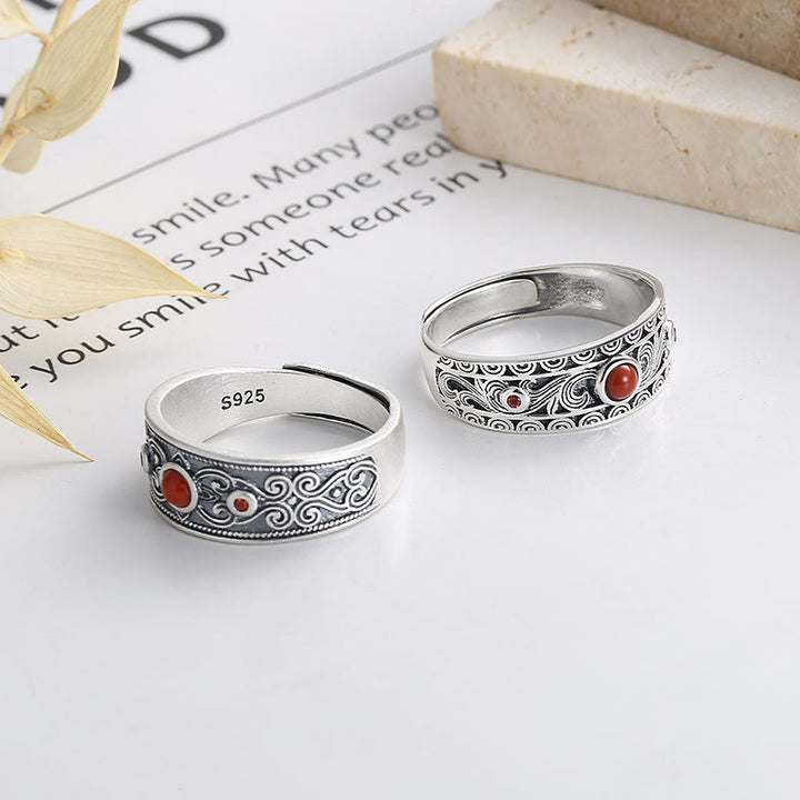 Anillo de pensamiento lógico con nubes propicias de ágata roja incrustada en plata de ley 925 con Buddha Stones