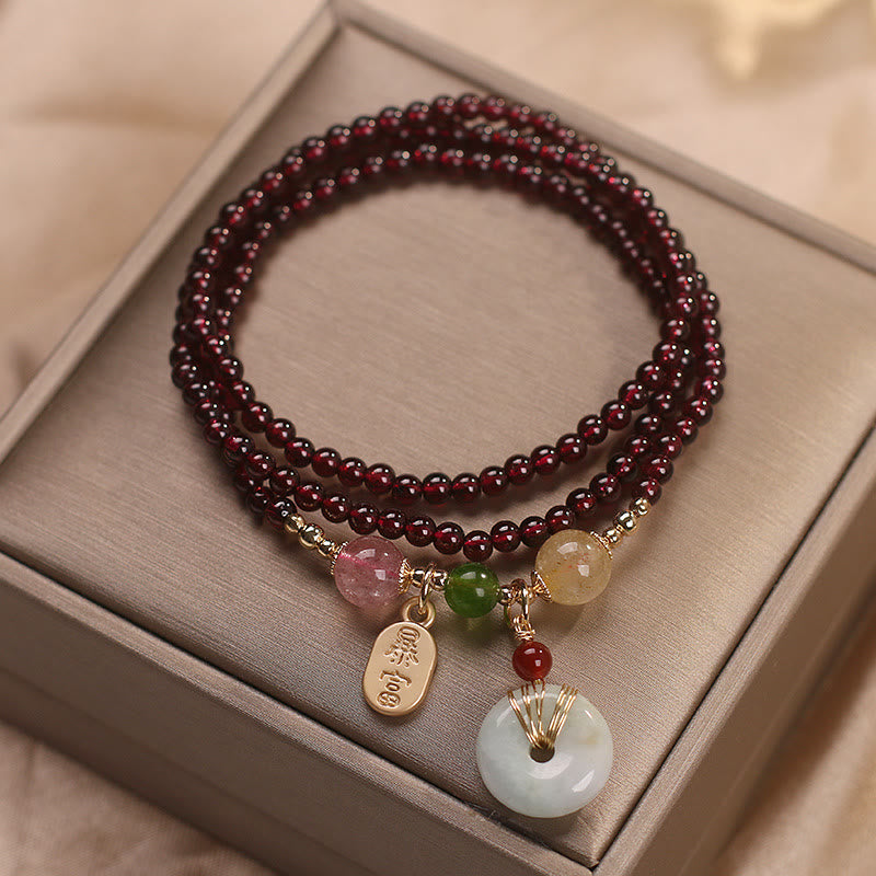 Pulsera de triple envoltura con Buddha Stones, granate Natural, fresa, cristal de cuarzo, zorro, pez Koi, hebilla de la paz, protección de la fortuna