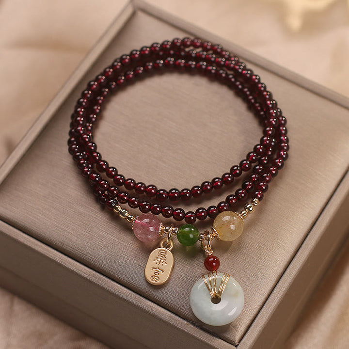 Pulsera de triple envoltura con Buddha Stones, granate Natural, fresa, cristal de cuarzo, zorro, pez Koi, hebilla de la paz, protección de la fortuna