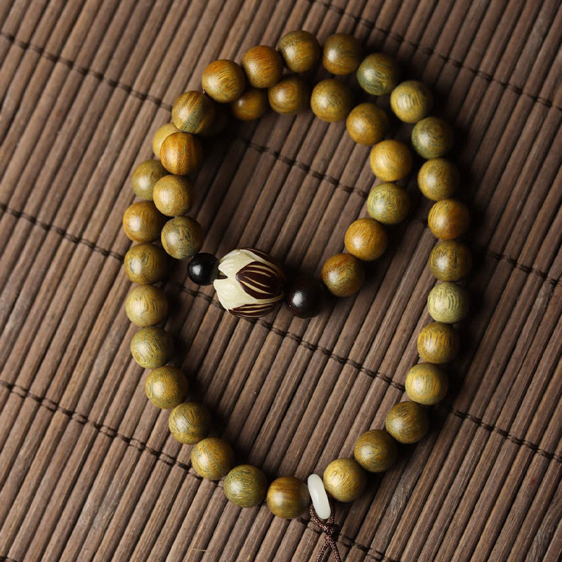 Pulsera de doble vuelta relajante con Buddha Stones, sándalo verde, semilla de Bodhi, loto