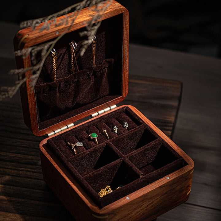 Caja organizadora de regalo de madera, caja de almacenamiento de joyería de palisandro hecha a mano con hoja de flor antigua