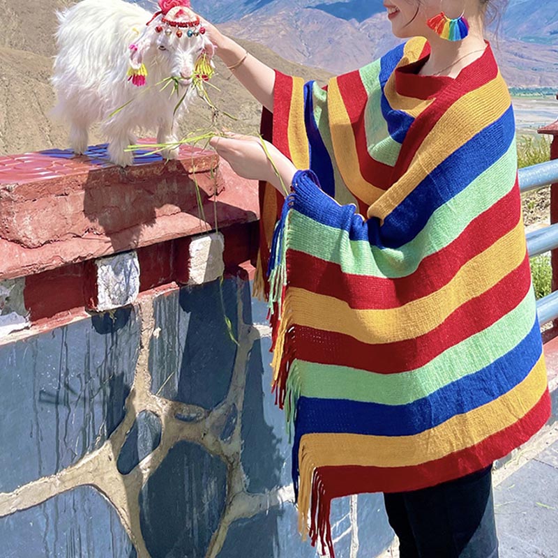 Bufanda de viaje acogedora para invierno con diseño de rayas tibetanas de Buddha Stones, chal con borlas