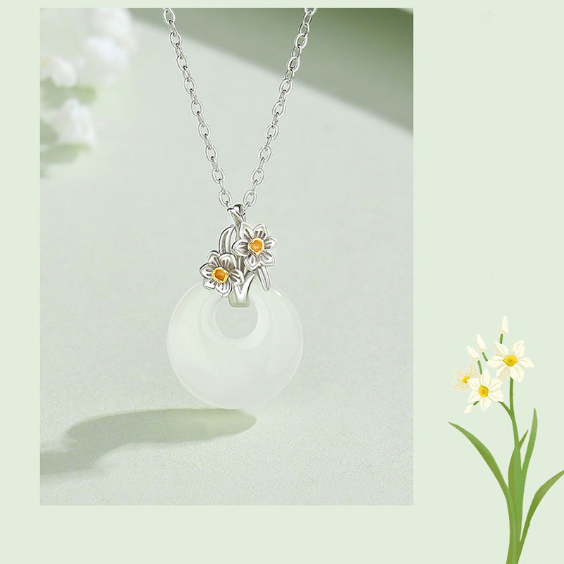 Colgante de collar de armonía de flores de doce meses de calcedonia redonda de plata de ley 925 con Buddha Stones