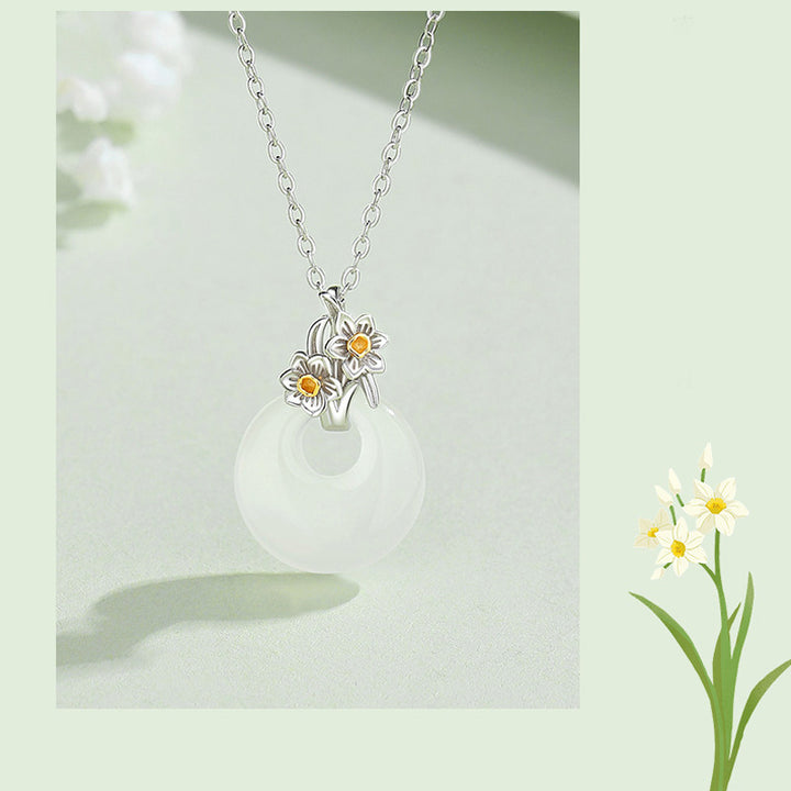 Colgante de collar de armonía de flores de doce meses de calcedonia redonda de plata de ley 925 con Buddha Stones