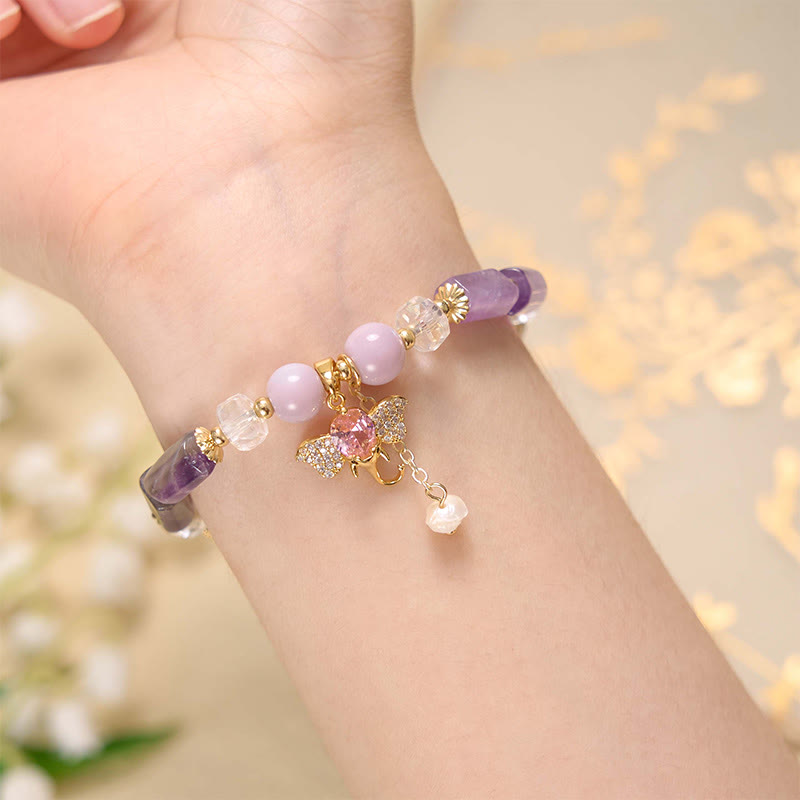Pulsera con dije de elefante positivo, Buddha Stones , amatista, aventurina verde, cuarzo fresa