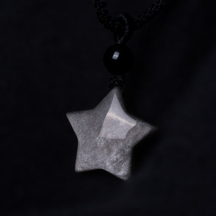 Colgante de collar de protección de luna creciente con estrella de obsidiana brillante de plata natural con Buddha Stones
