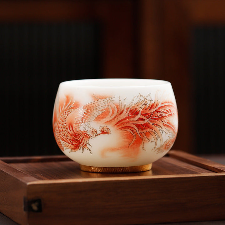 Taza de té de cerámica de porcelana blanca Fénix con Buddha Stones, taza de té de Kung Fu
