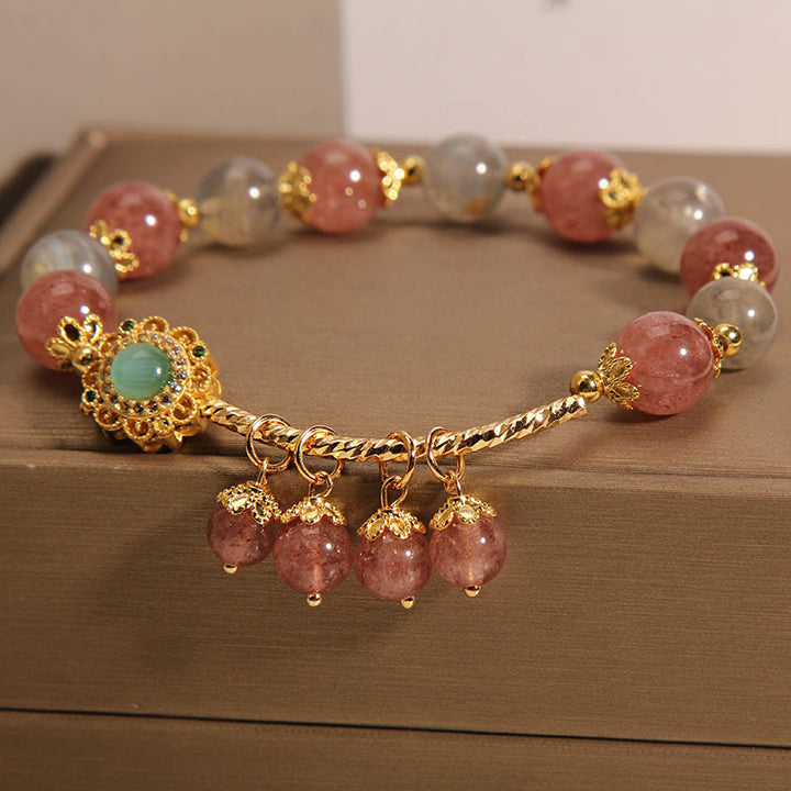 Pulsera con dije de borla curativa con piedra lunar de cuarzo fresa y Buddha Stones