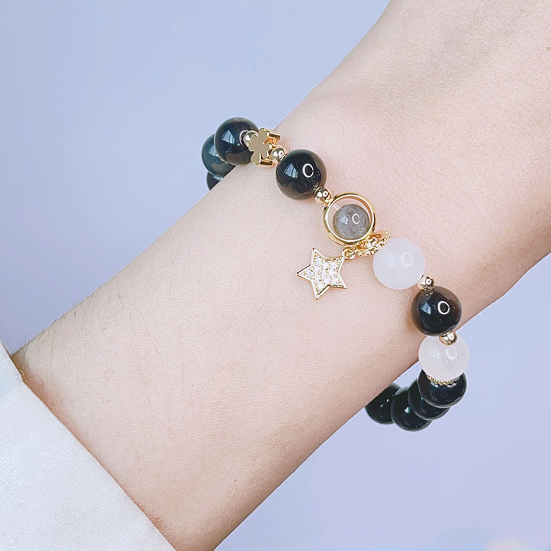 Pulsera de protección de flor de estrella de corazón de amor de obsidiana con brillo de plata natural de Buddha Stones