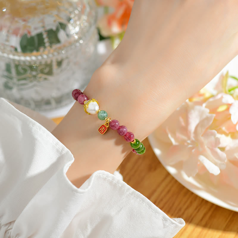 Pulsera de la sabiduría del encanto del carácter auspicioso de la perla de turmalina multicolor natural de las Buddha Stones