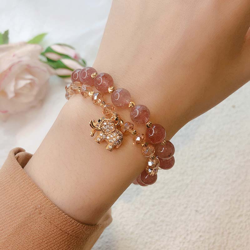 Pulsera con dijes de energía curativa de elefante de cuarzo rosa con Buddha Stones