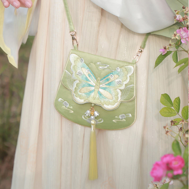 Buddha Stones suerte bordado loto Koi pez conejo flor Hanfu bolso bandolera bolso de hombro - mariposa verde - image 25