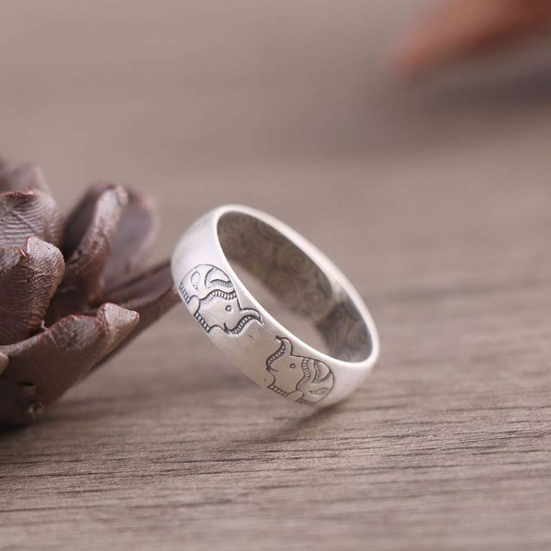 Anillo de bendición de seis palabras verdaderas con elefante de loto de plata de ley 999 con Buddha Stones