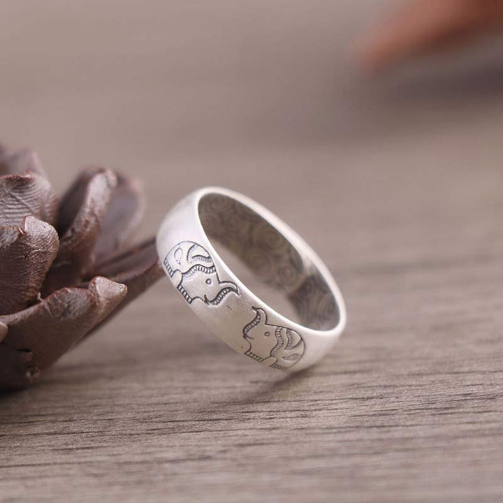 Anillo de bendición de seis palabras verdaderas con elefante de loto de plata de ley 999 con Buddha Stones