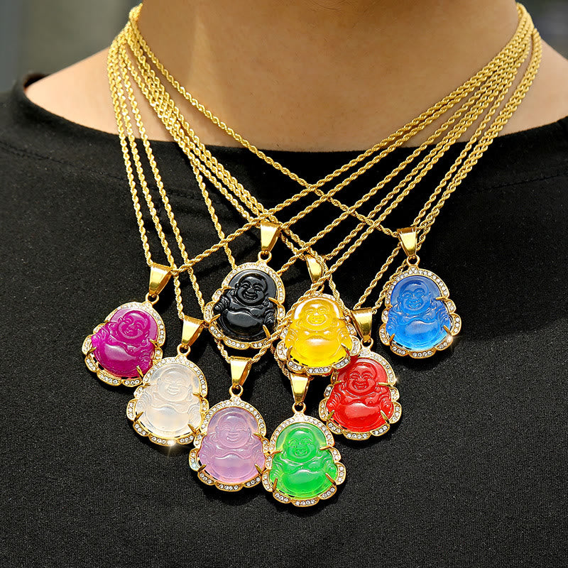 Colgante de cadena con collar de la suerte de jade de Buda sonriente relleno de oro de 18 quilates con Buddha Stones - image 19