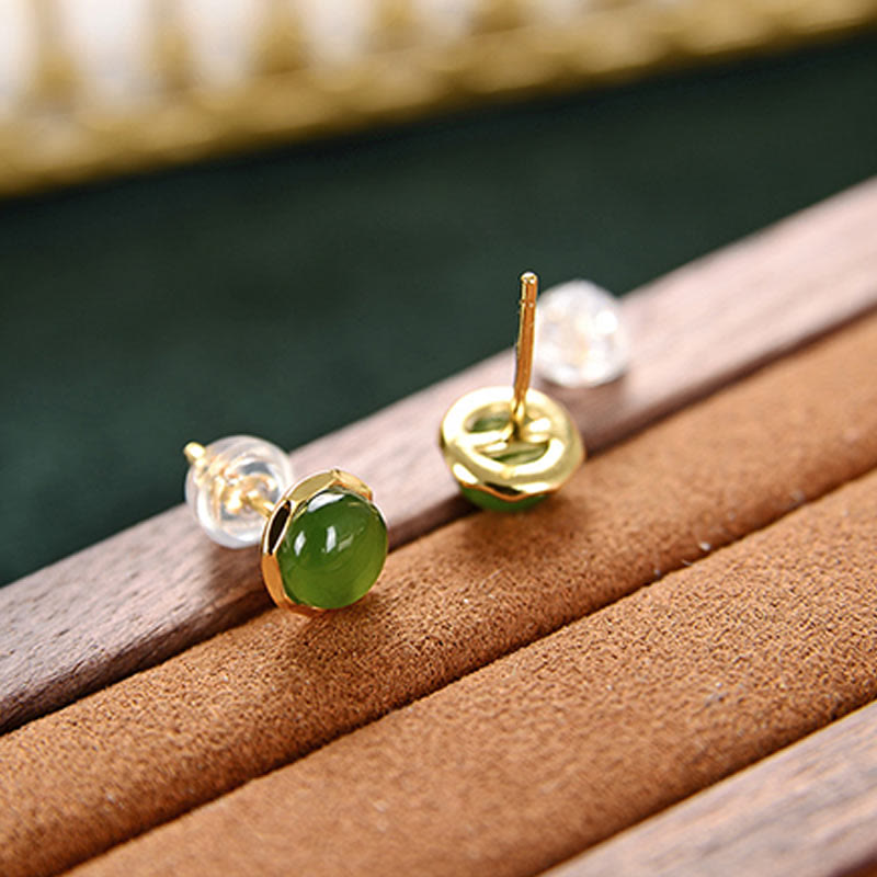 Pendientes de tuerca de la suerte con cuentas de jade cian hetiano natural chapado en plata de ley 925 con Buddha Stones