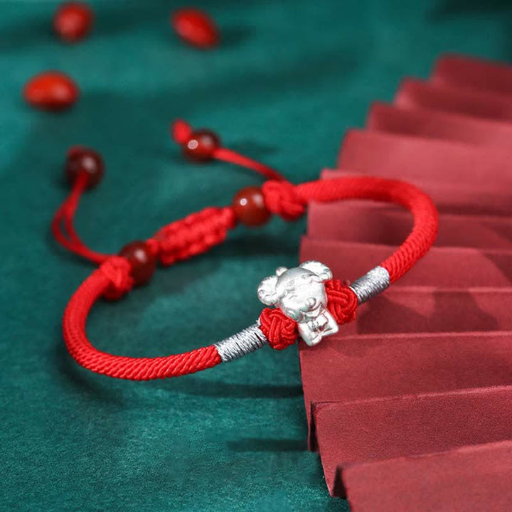 Pulsera de hilo rojo de la fuerza de la suerte del zodíaco chino de plata de ley 999 con Buddha Stones