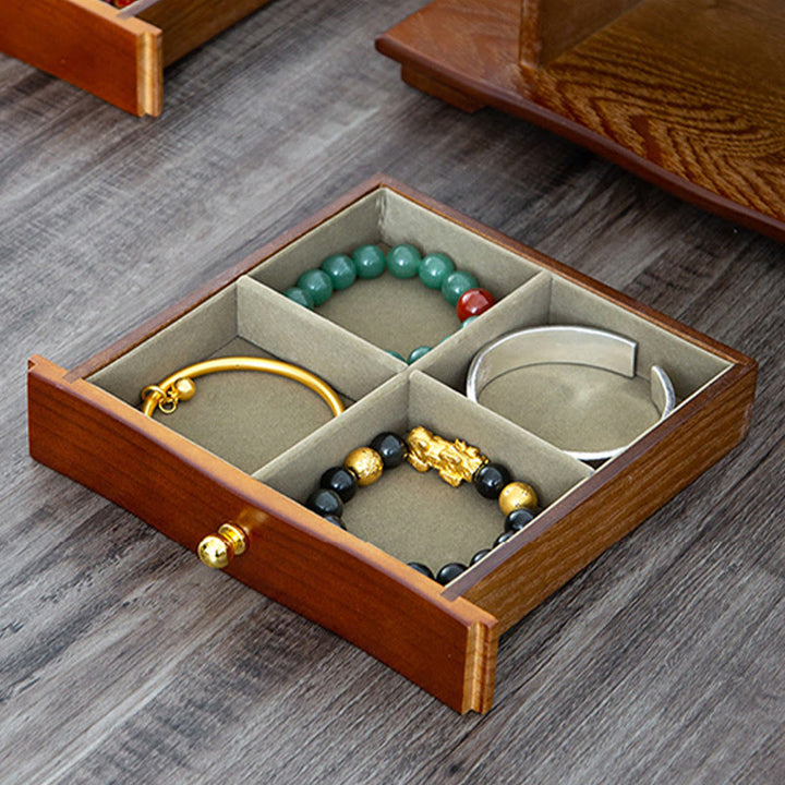 Caja de almacenamiento de joyería de madera de gran capacidad Vintage con Buddha Stones con espejo