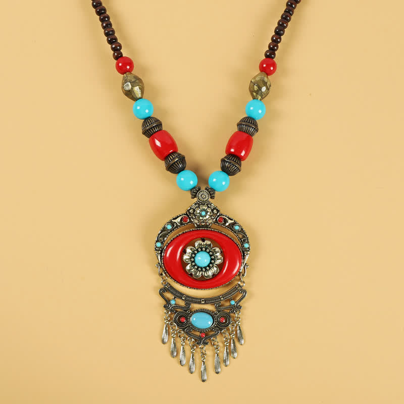 Accesorios para el cabello con borlas y cuentas retro tibetanas - Flores rojas - image 12