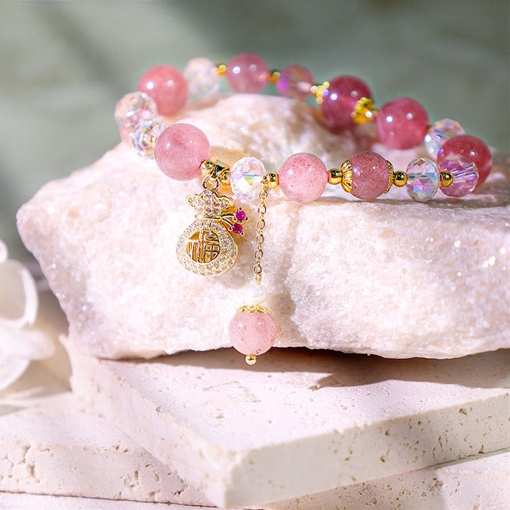 Pulsera positiva con dije para bolsa de dinero con cristal de cuarzo fresa Natural y Buddha Stones