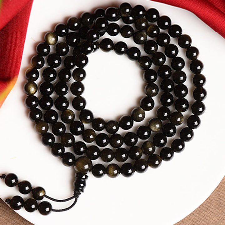Pulsera de riqueza de obsidiana con brillo de oro natural, cuentas de Mala, 108 Buddha Stones