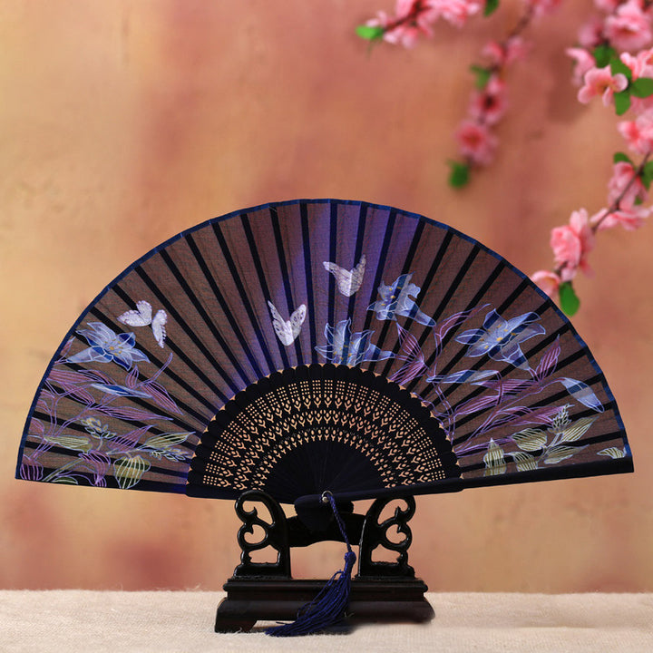 Abanico plegable de bambú con Buddha Stones, flor de cerezo, lirio, mariposa, bambú, 21cm