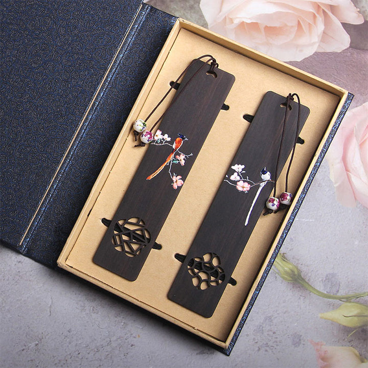 Marcapáginas de madera de ébano con diseño de flor de pájaro Oriole de Buddha Stones con caja de regalo
