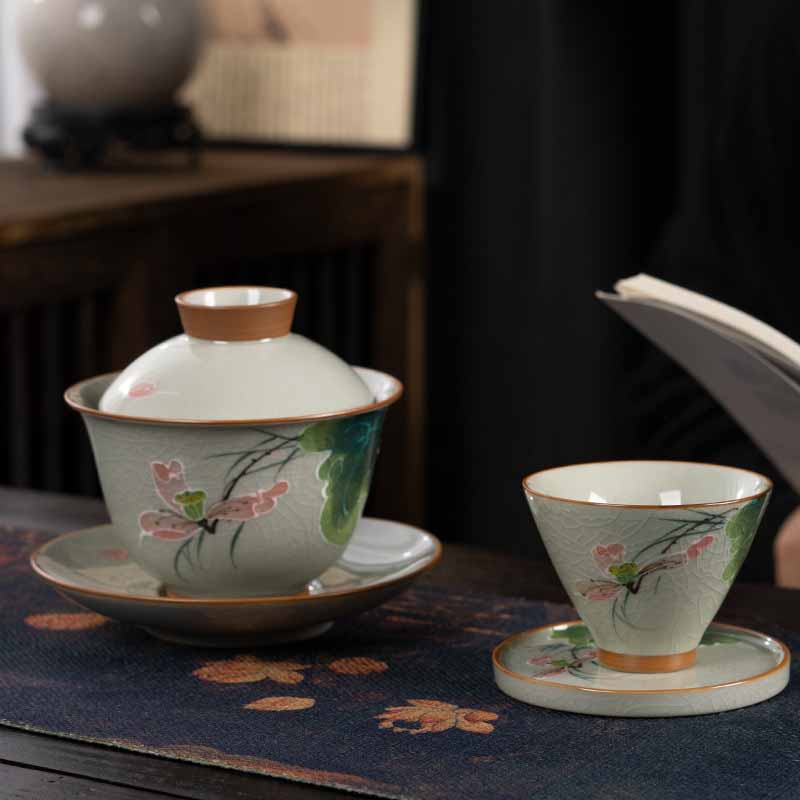 Buddha Stones, loto, pez Koi, hoja de vaina, taza de té de cerámica Gaiwan Sancai, taza de té de Kung Fu y platillo con tapa, 140ml