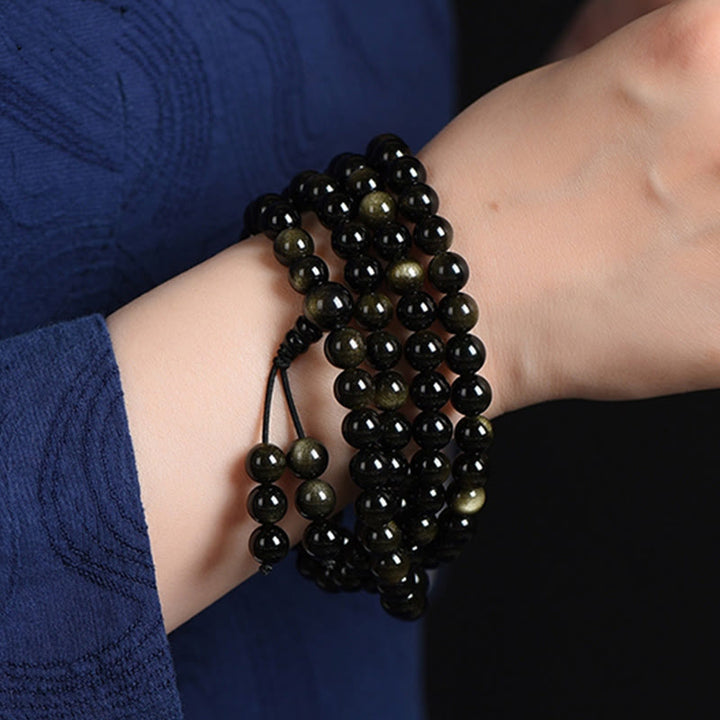 Pulsera de riqueza de obsidiana con brillo de oro natural, cuentas de Mala, 108 Buddha Stones