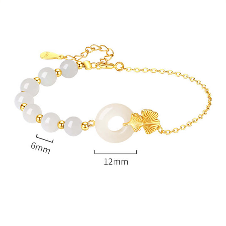 Pulsera de la suerte con Buddha Stones, plata de ley 925, jade blanco hetiano, hebilla de la paz, hoja de Ginkgo