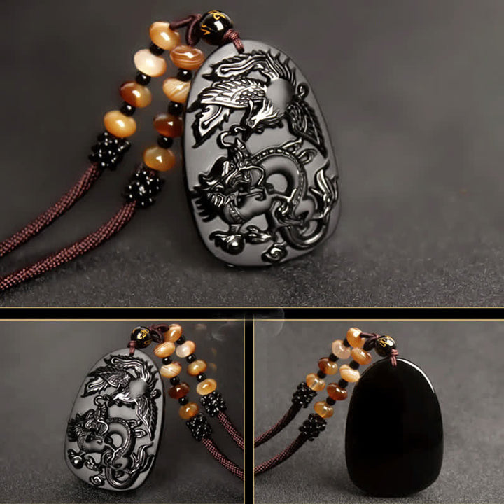 Colgante de collar con cuentas de protección de dragón y fénix de ojo de tigre de obsidiana negra