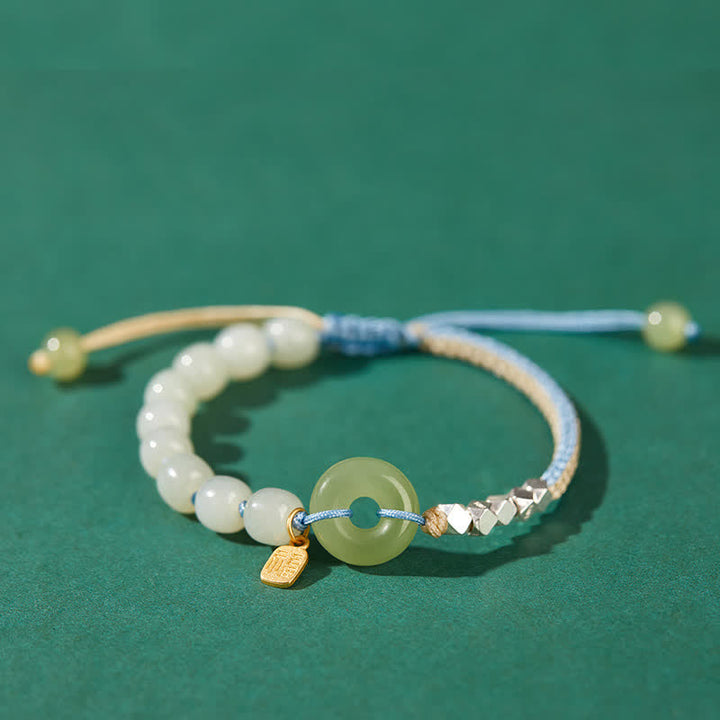 Pulsera de plata de ley 925 con hebilla de paz y jade hetiano con cuentas de suerte y felicidad