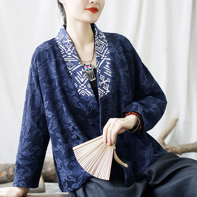 Chaqueta de manga larga con cuello en V y jacquard floral con Buddha Stones