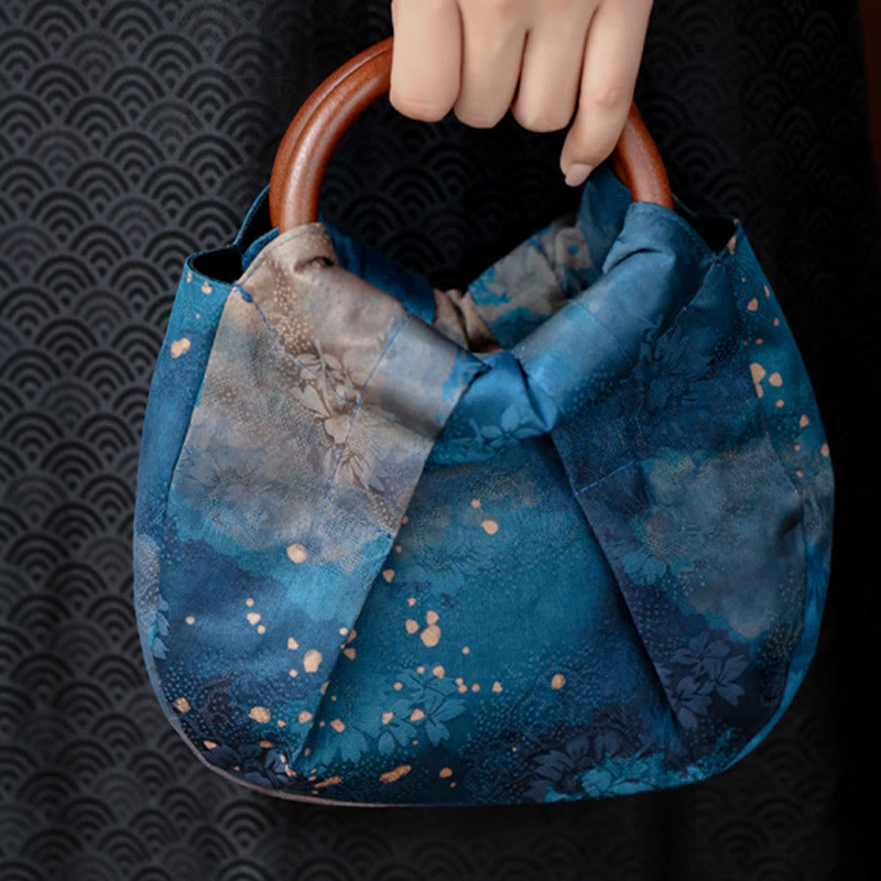 Bolso de mano con asa de madera azul con flor de jacquard hecho a mano con Buddha Stones