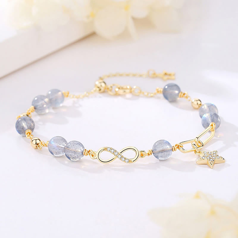 Buddha Stones chapadas en oro de 14 quilates, cuarzo fresa natural, piedra lunar, lazo de Möbius, pulsera positiva con estrella de amor eterno