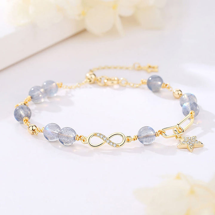 Buddha Stones chapadas en oro de 14 quilates, cuarzo fresa natural, piedra lunar, lazo de Möbius, pulsera positiva con estrella de amor eterno