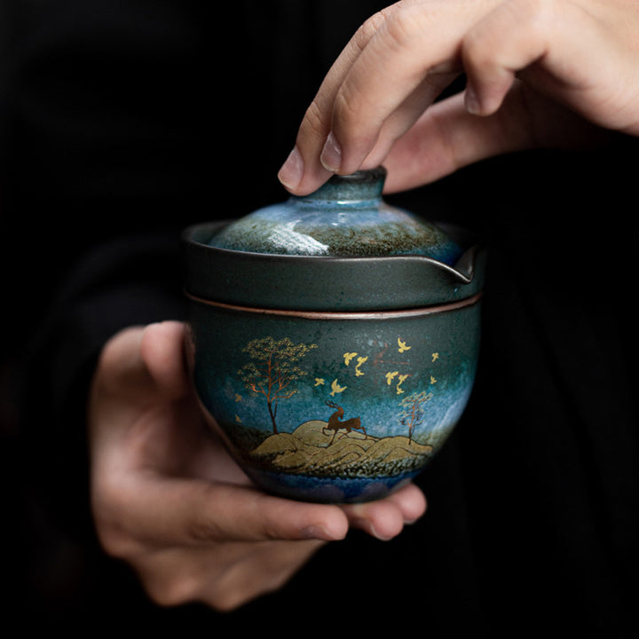 Taza de té de cerámica con Buddha Stones , ciervo, árboles de montaña, gato encantador, taza de té negra con tapa y bolsa