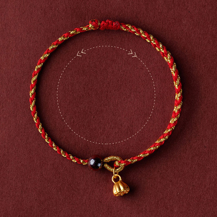 Pulsera trenzada con dije de paz y alegría de loto de cuerda de oro rojo hecha a mano con Buddha Stones
