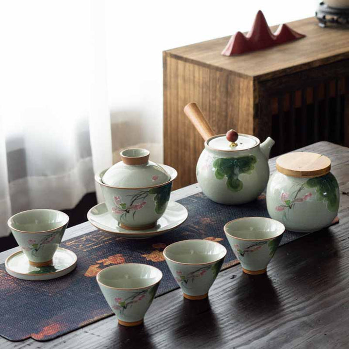 Buddha Stones, loto, pez Koi, hoja de vaina, taza de té de cerámica Gaiwan Sancai, taza de té de Kung Fu y platillo con tapa, 140ml