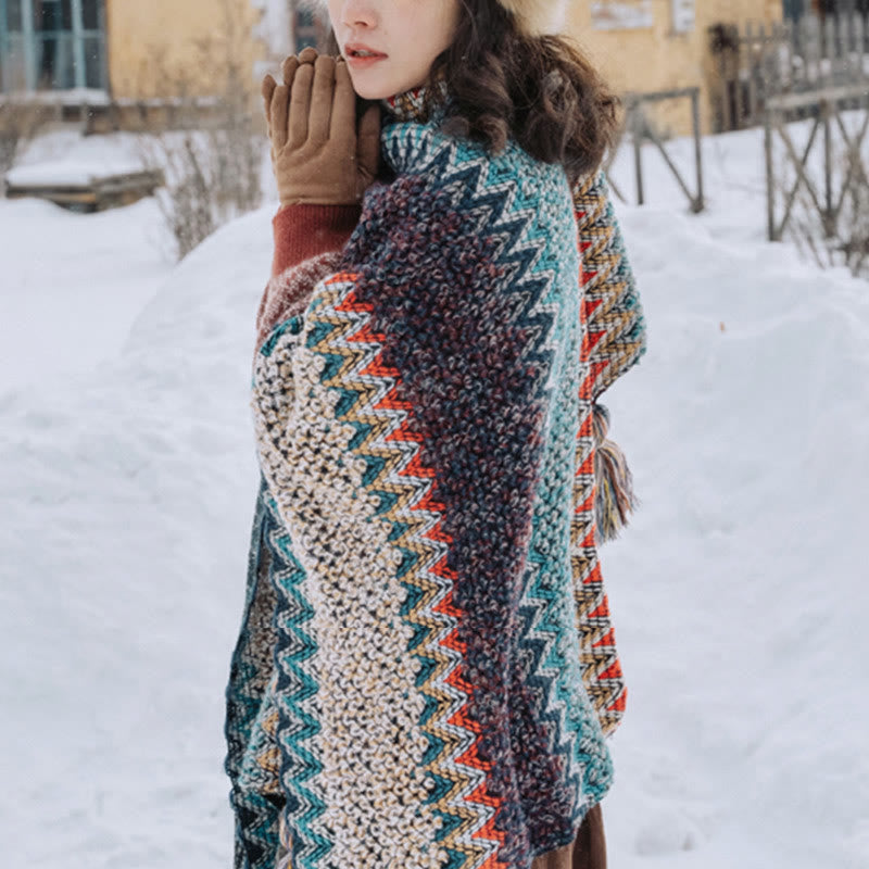 Mantón tibetano de Buddha Stones , bufanda cálida con borlas y patrón ondulado azul, Beige y rojo para invierno