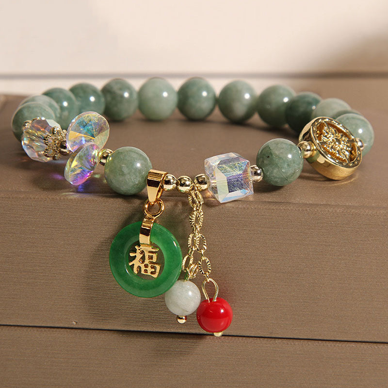 Pulsera curativa con dije de personaje Fu de jade, cuarzo fresa y piedras de Buddha Stones