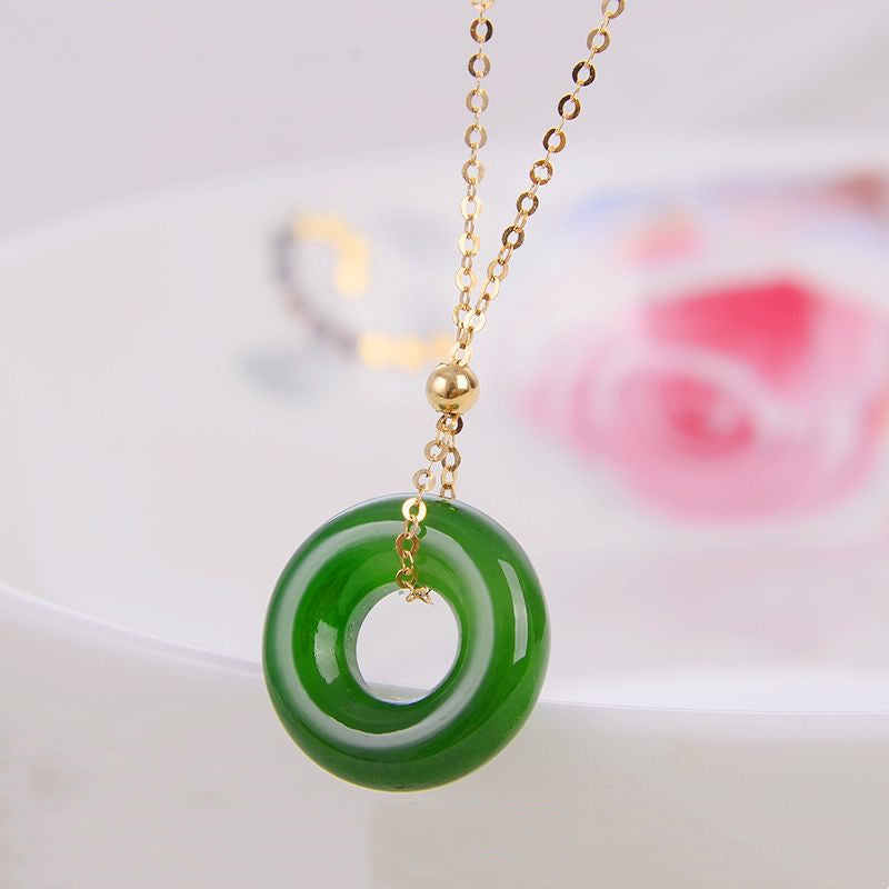Colgante de collar de oro de 14 quilates curativo de jade cian redondo