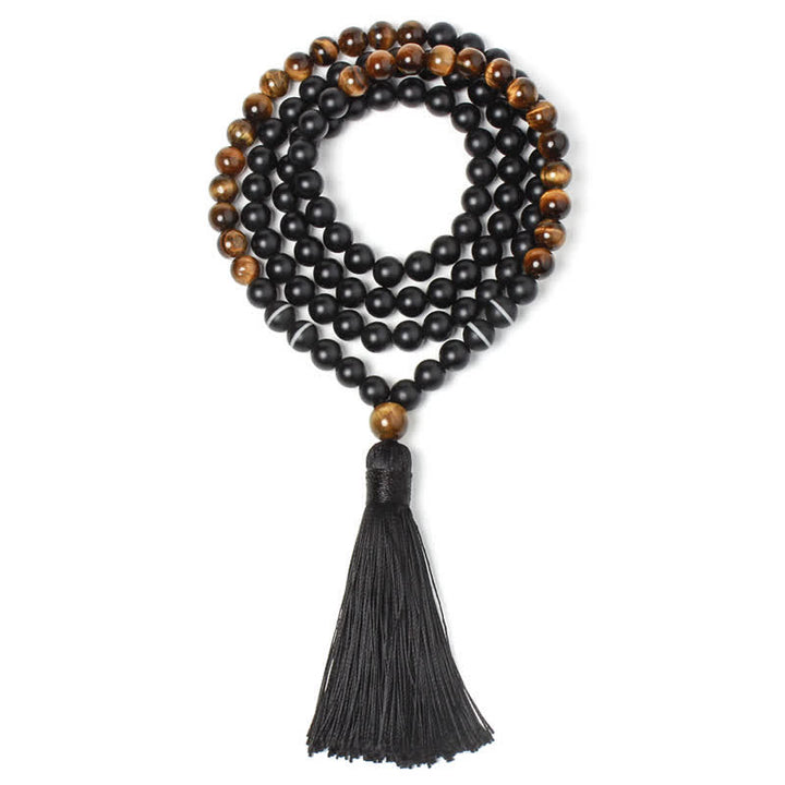 Buddha Stones Ónix negro Ojo de tigre Pulsera de la fortuna Collar con borlas Colgante