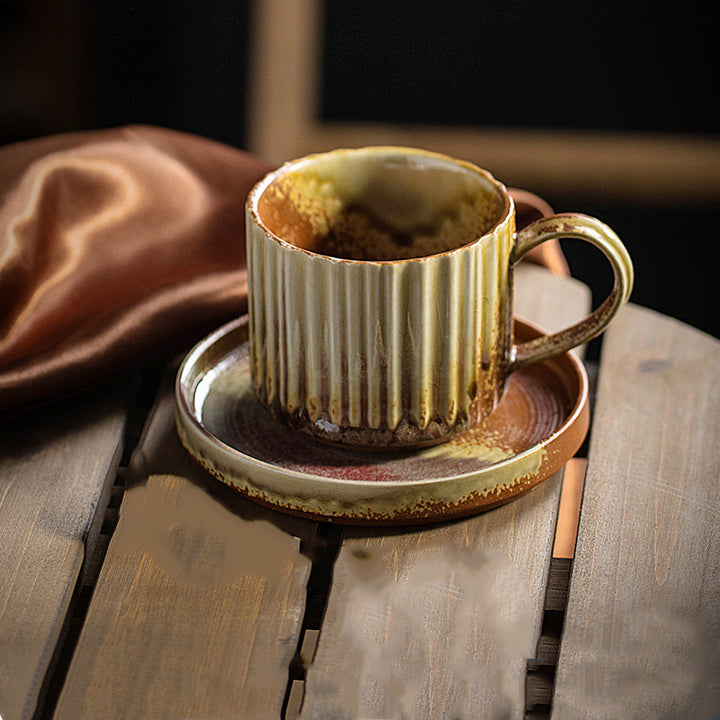 Taza de café de cerámica con cambio de horno a rayas Retro de Buddha Stones, taza de café y té de cerámica rugosa con platillo de 250ml