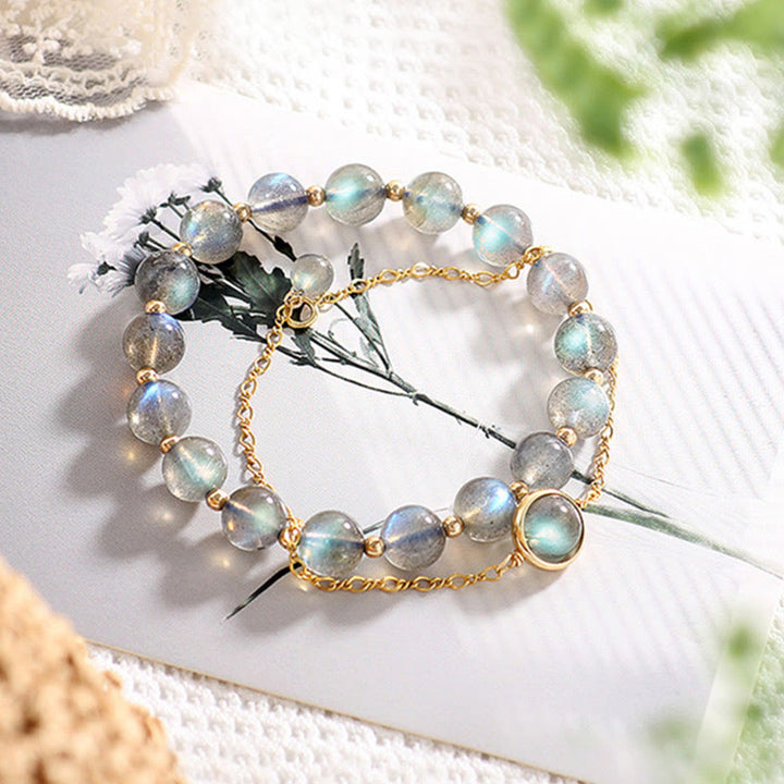 Pulsera de amor curativa con piedra lunar natural chapada en oro de 14 quilates con Buddha Stones