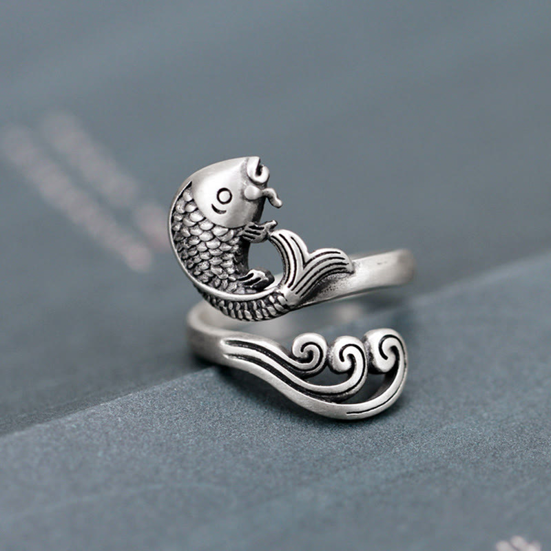 Anillo de plata de ley 925 con Buddha Stones , pez koi, ondulación de agua, suerte y riqueza